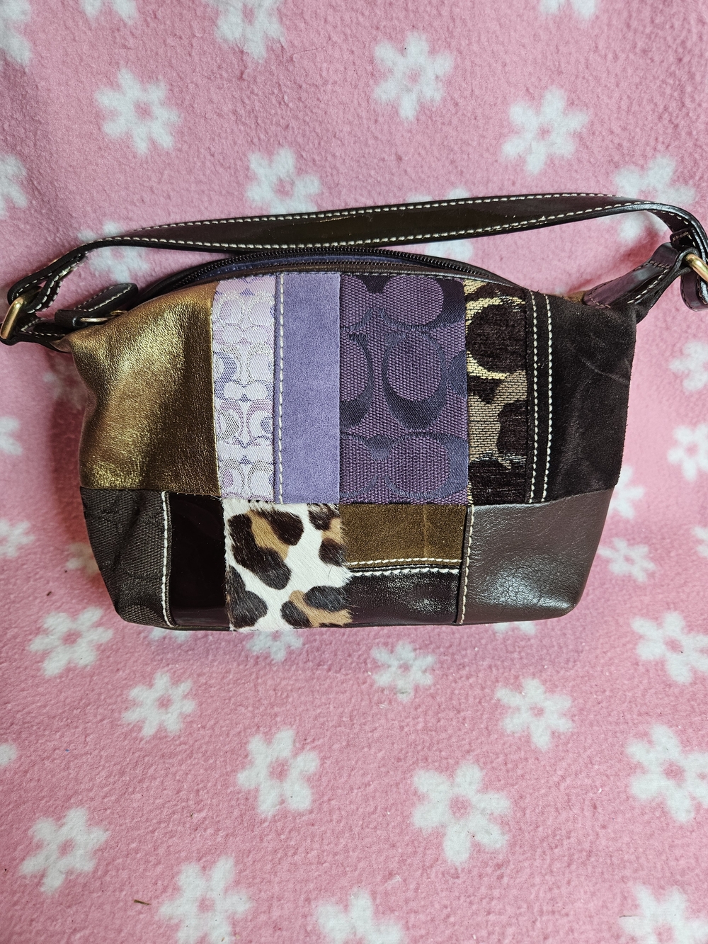 Coach 2007 Patchwork Leather and Fabric Wristlet Bag in Purple and Brown